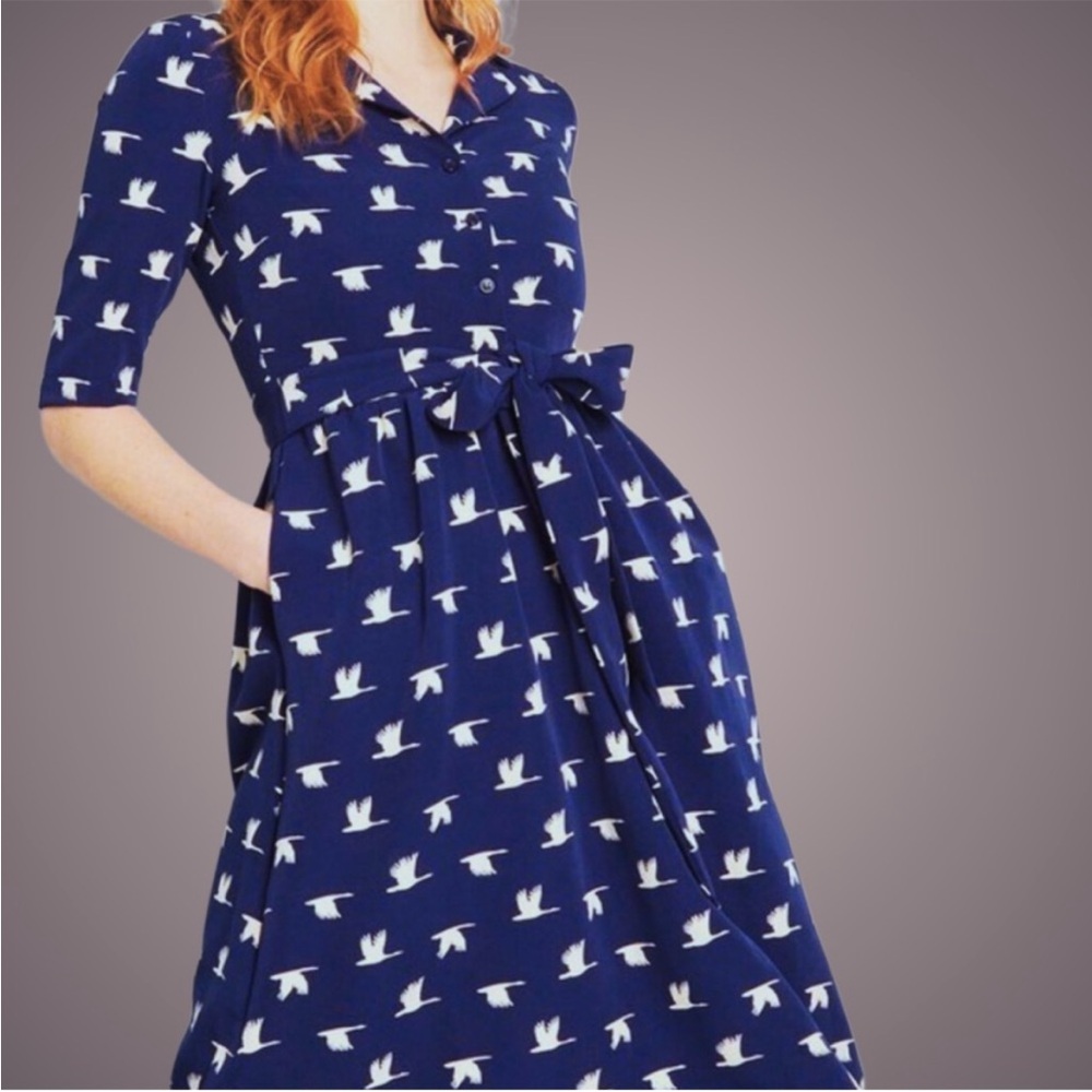 Fever London Aria Shirt Dress Navy/White Cranes US 6